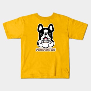 PERKFECTION, WHITE AND BLACK DOG DRINKING COFFEE Kids T-Shirt